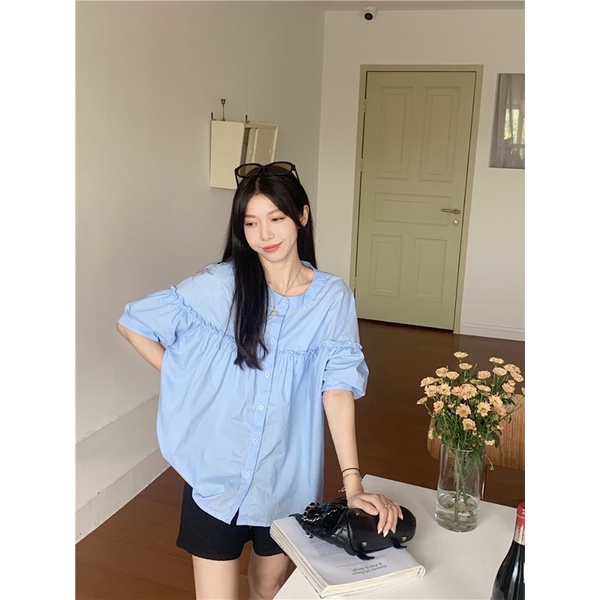 ÁO sơmi cổ tàu tay lỡ phong cách Hàn Quốc