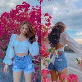 Áo croptop trắng cúp ngực nơ lưng