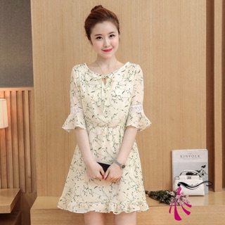 D1128-đầm xòe tay loe phối ren