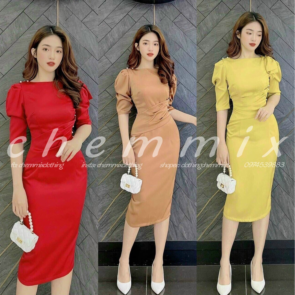 Đầm body tay dài nhún eo cổ cổ tròn ChemMix thiết kế siêu xinh cho nàng dự tiệc, dạ hội