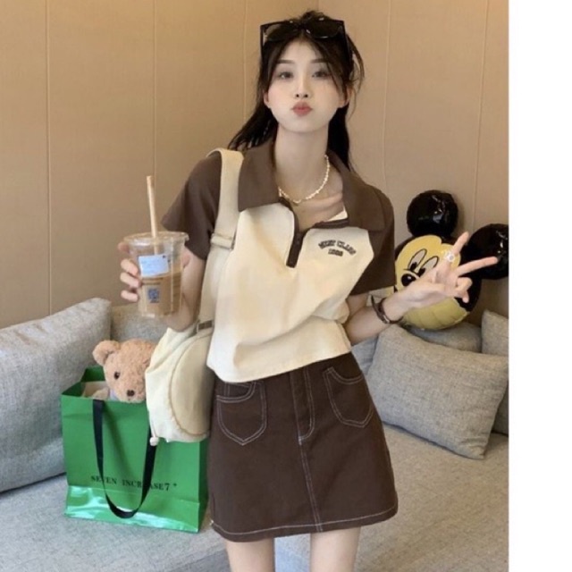 Set bộ áo phông polo phối màu cổ bẻ mix chân váy kaki siêu xinh l1 ln ptp
