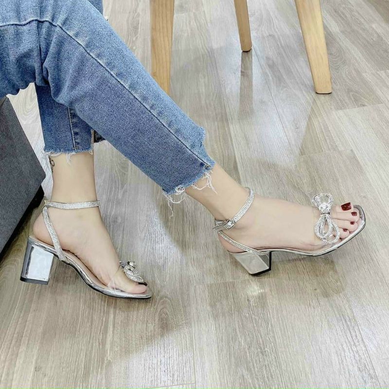 Sandal nữ cao 5cm quai đính đá lấp lánh tiểu thư sang chảnh