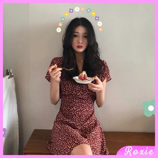 Váy vintage dáng ngắn cổ tim chất voan mát mịn, Đầm hoa nhí vintage ngắn tay ulzzang Hàn Quốc - Roxie