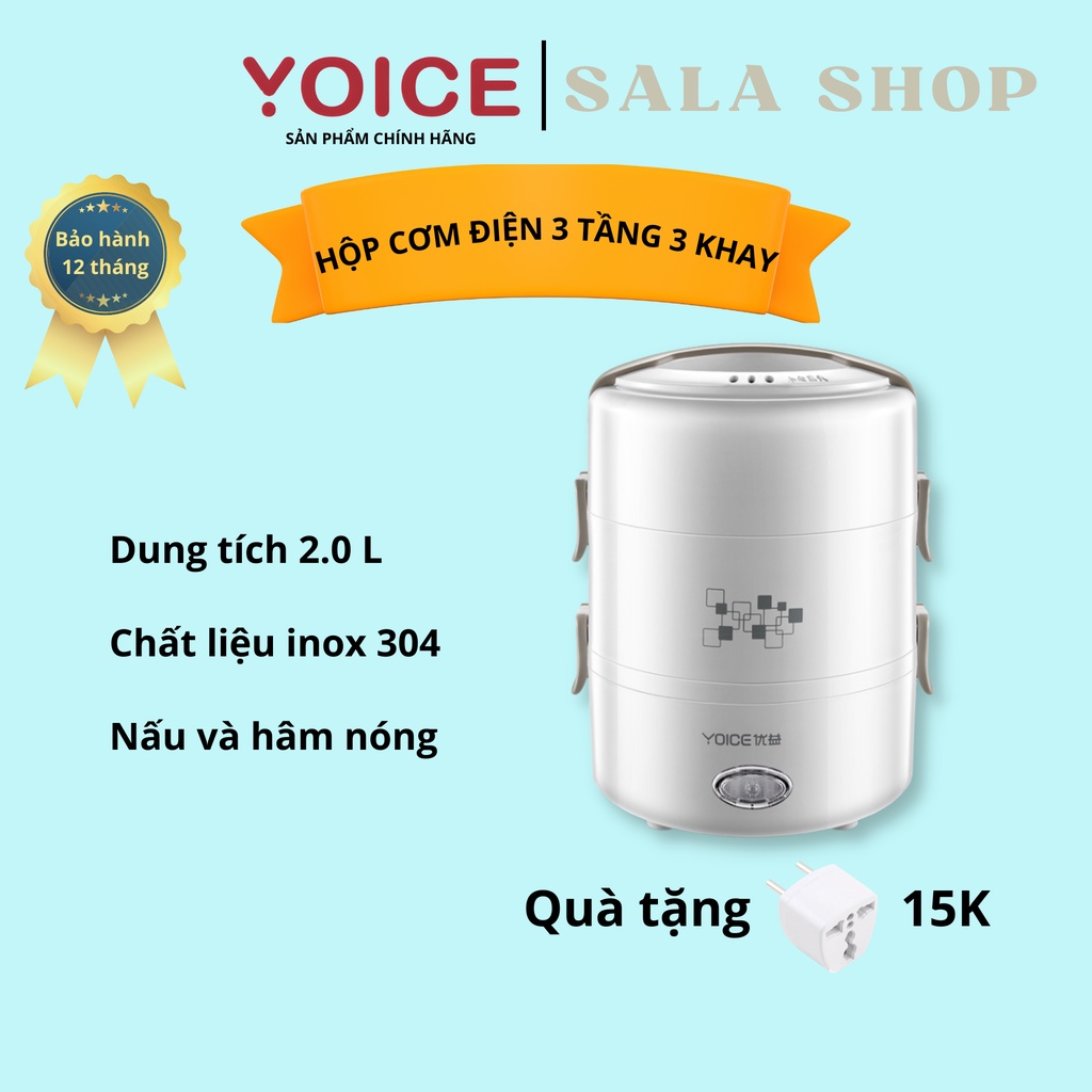 Hộp cơm cắm điện 3 tầng Yoice Y-DFH3, dung tích 2.0 lít, nấu chín, hâm nóng và giữ nhiệt cho thức ăn, dùng cho văn phòng