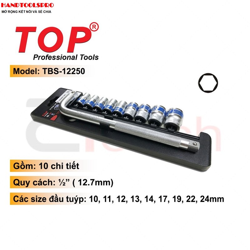 Bộ Tuýp 10 Chi Tiết 1/2 (Cần Cong L) 10-24mm Top - TBS-12250