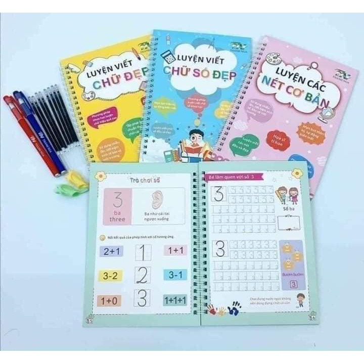 Bộ 3 Vở Tập Viết Tự Xóa Sau 30 Phút Cho Bé, Vở Tô Chữ Và Số Tự Bay Sau khi viết