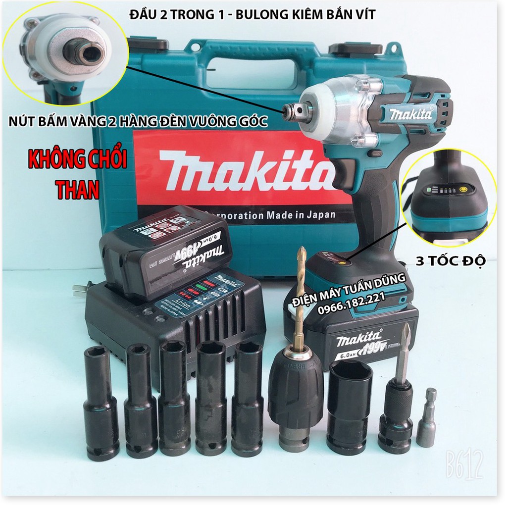 Máy bắn vít tôn bulong dùng pin Makita 199V Lực siết 500Nm BỘ SẢN PHẨM 2 PIN TẶNG BỘ PHỤ KIỆN 10N + MŨI KHOAN 5 + 5 KD