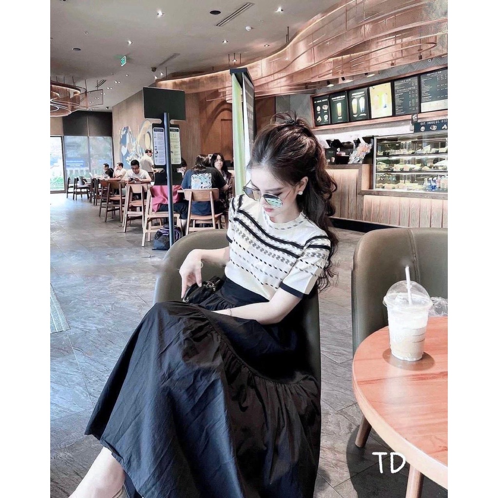✨BÁN SỈ✨TÁCH SET LEN KẺ NGANG QUẢNG CHÂU KÈM CHÂN VÁY ĐEN