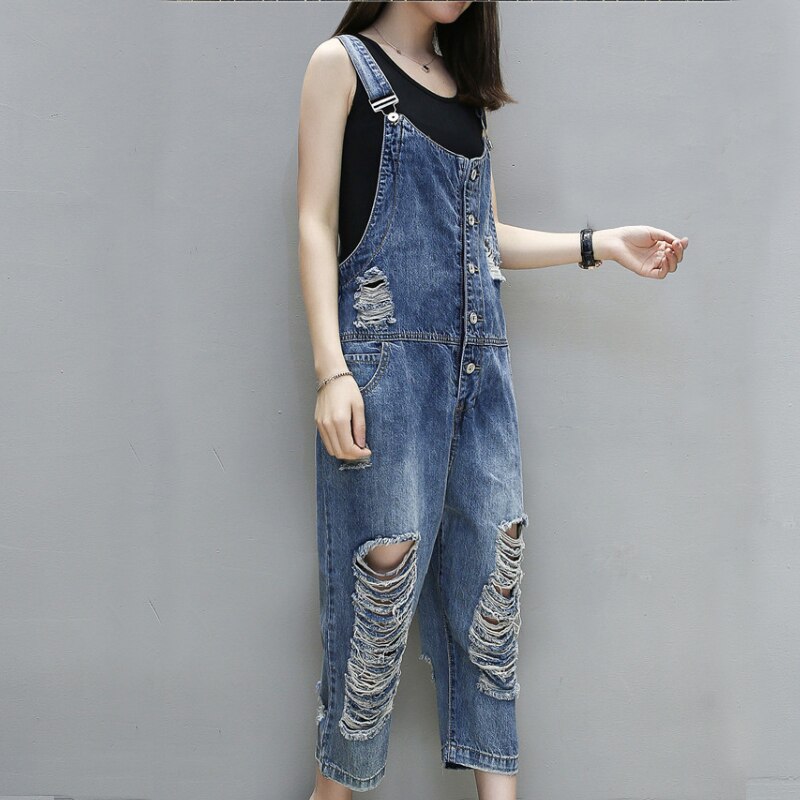 New 2018 Fashion Women Hole Overall Jeans Jumpsuit Suspender Loose Ripped Overalls Jeans For Women Buckled Ankle-Length Overalls