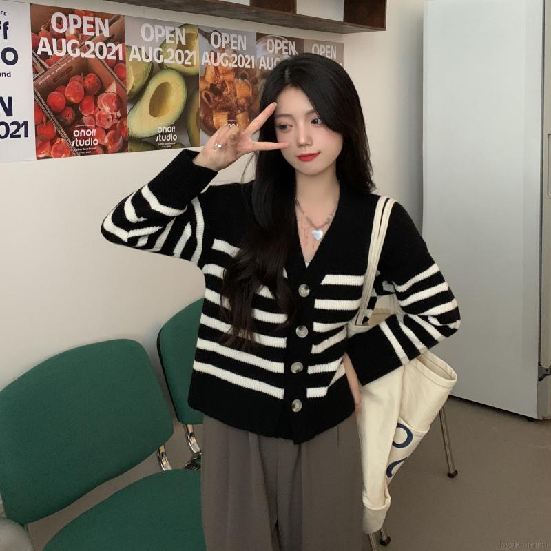 Áo khoác cardigan dài tay cổ chữ V họa tiết kẻ sọc phong cách cổ điển thời trang cho nữ