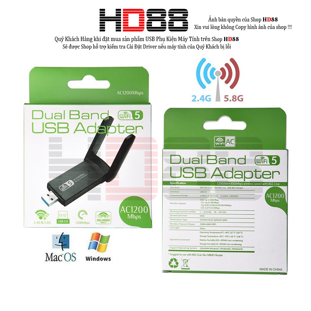 USB Thu Phát Wifi 1200mbps tốc độ cao 2 râu cho máy tính bàn, laptop 2.4 / 5g Usb 3.0 RTL8812BU HD88 - A01