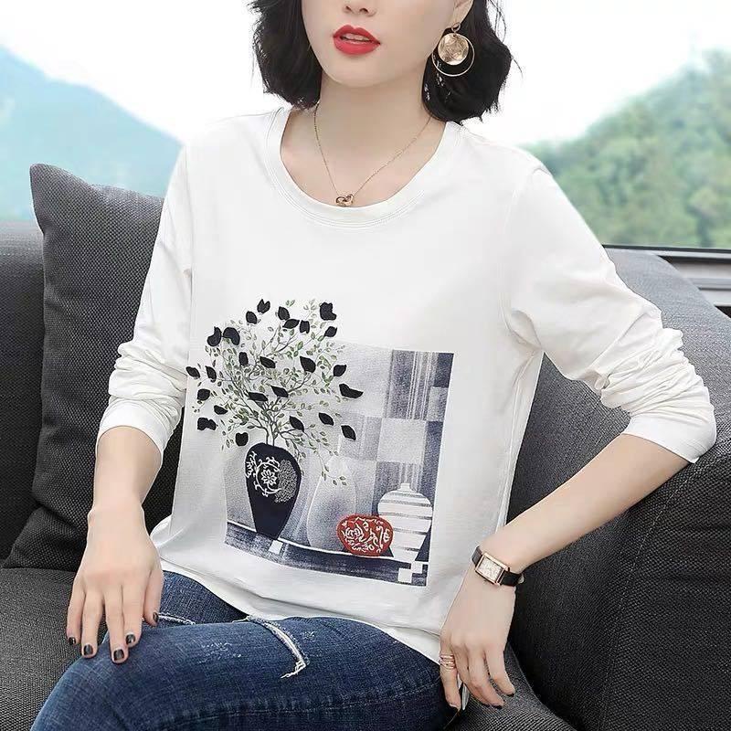 Áo thun tay dài cổ tròn in họa tiết thời trang cho phụ nữ trung niên