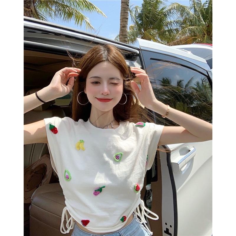 Áo Thun Dệt Kim Sát Nách Phối Dây Rút Thêu Họa Tiết Trái Cây Xinh Xắn