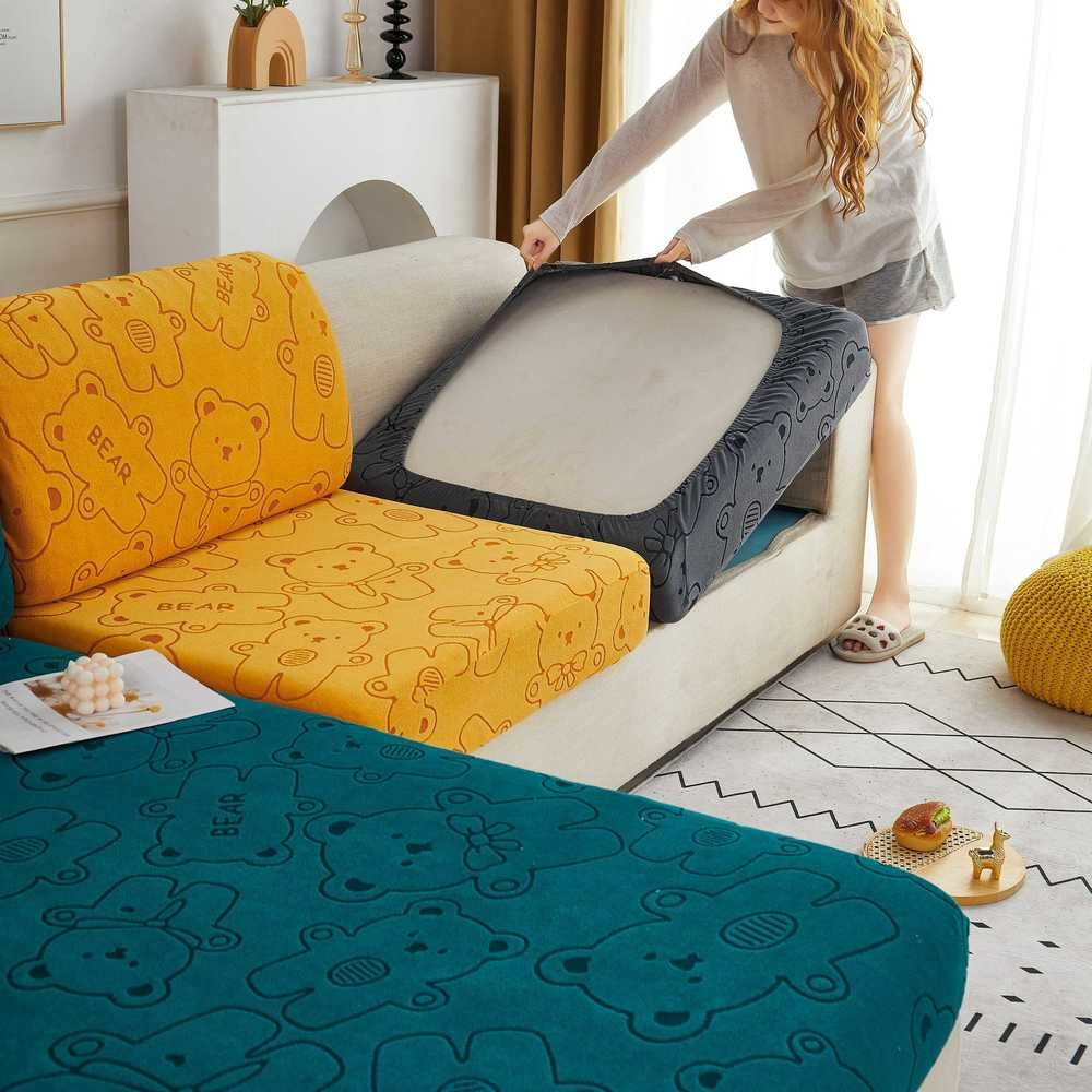 Vỏ Bọc Đệm Ghế Sofa 2022 Vải Jacquard Dày Co Giãn Hình Gấu Hoạt Hình Trang Trí Phòng Khách Nhà Cửa