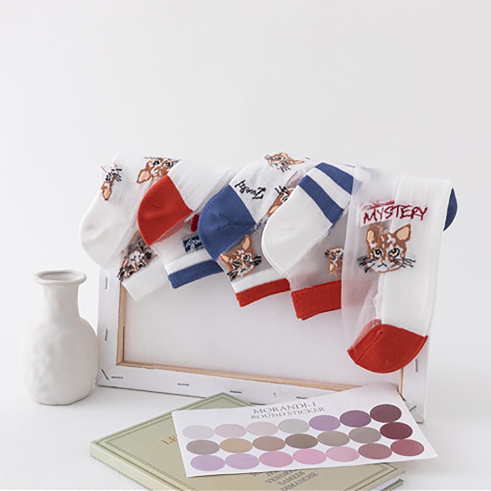 Vớ cotton cổ thuyền mỏng trong suốt in hình mèo hoạt hình thoải mái thời trang cho nữ