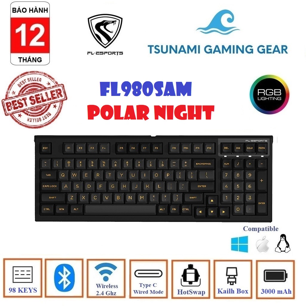 Phím cơ không dây FL-Esports FL980SAM Polar Night RGB/ Bluetooth / Wireless 2.4Ghz / Hotswap / Kailh Box Switch