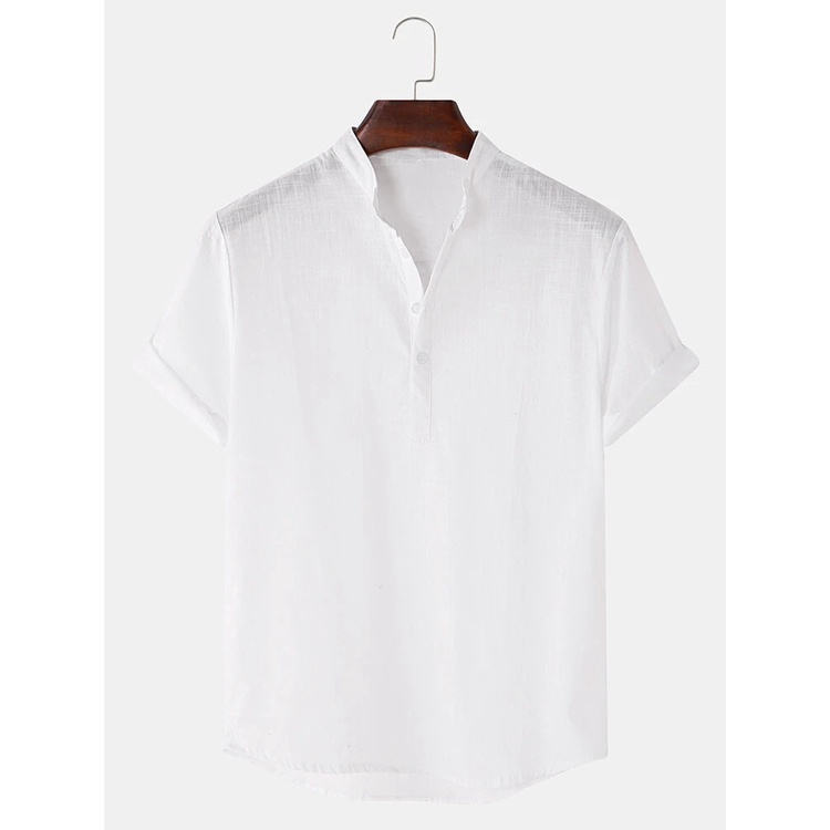 BEFOYI Men's Shirt Cotton Short Sleeve Solid Color Stand Collar Top MJ5122