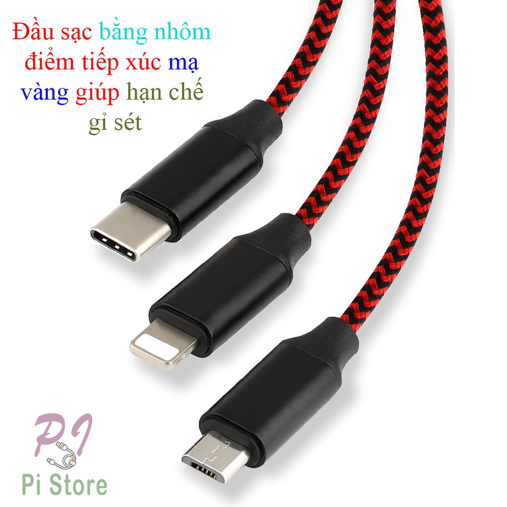 [Bán Lỗ Xả Kho] Cáp sạc nhanh/Cáp truyễn dữ liệu chia 3 đầu cắm Micro USB Type-C Lightning tiện dụng dài 1.2m