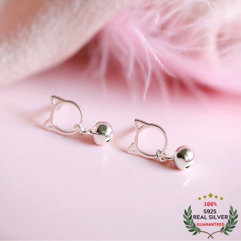 Bông Tai Bạc S925 Mèo Con Rung Chuông Kitty &amp; Bell Xinh Xắn | Khuyên Tai Nữ Trang Sức Bạc Thời Trang