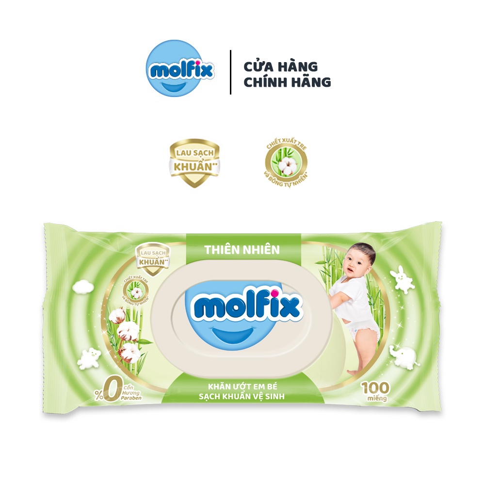Combo 3 gói khăn ướt Molfix thiên nhiên sạch khuẩn với bông tự nhiên ( gói 100 tờ )