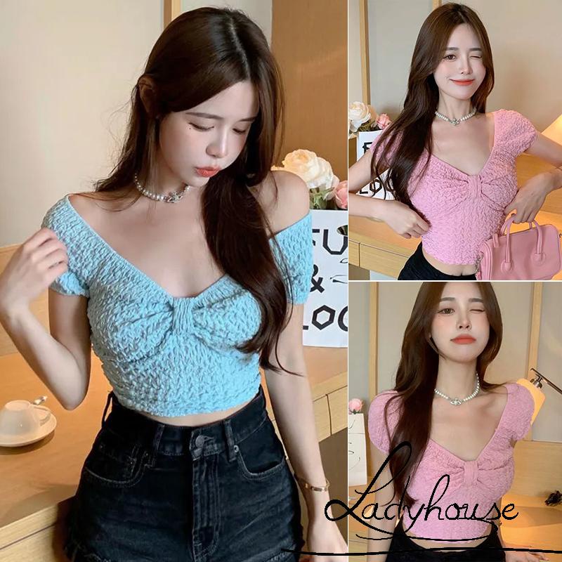 Áo Croptop Tay Ngắn Màu Trơn Họa Tiết Gợn Sóng Phối Nơ Dễ Thương Cho Nữ