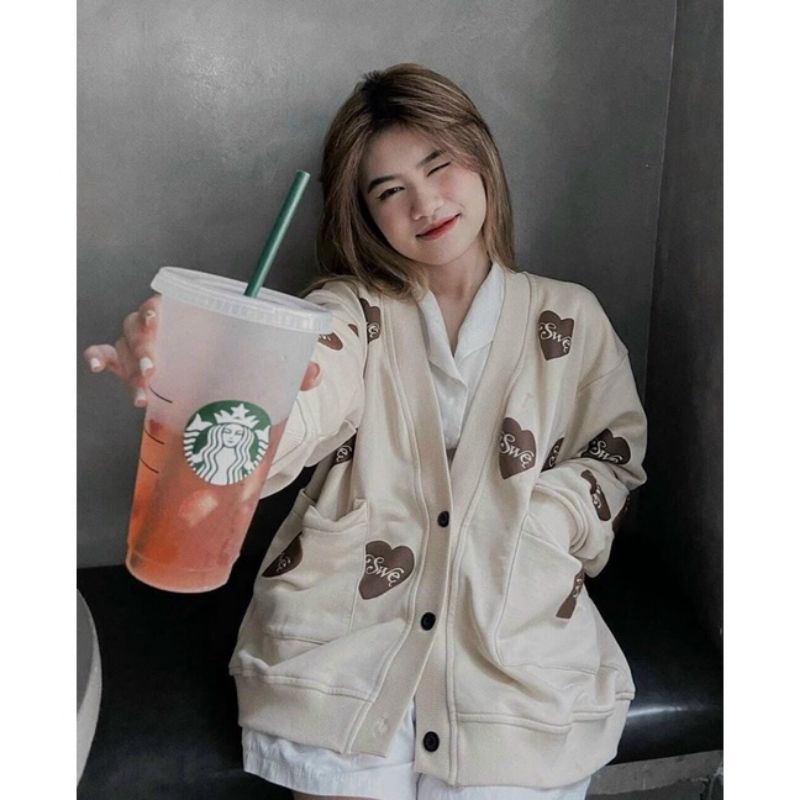 [SIÊU HOT] Áo Khoác Nỉ Bông Cardigan Hình Trái Tim Nâu , Áo Lót Bông Nữ Unisex Form