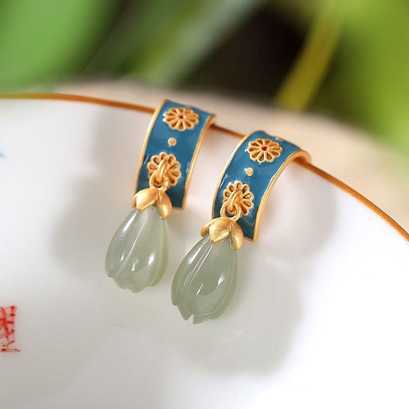 [Gufeng jade, orchid Earrings] 6by-2021 original S925 pure silver gilded oil dripping Hotan jade Gufeng creative high-end personality yulanhua earrings earrings for women