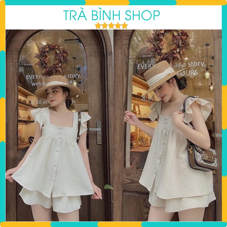 Set Bộ Xốp Áo Cổ Vuông Tay Xếp Ly Cánh Tiên Đính Cúc Dọc Kèm Quần Short Cạp Chun Thoáng Mát