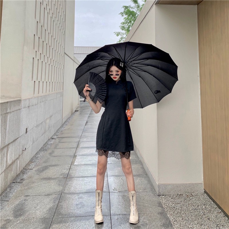 Sườn xám ngắn Đen phối ren trẻ trung