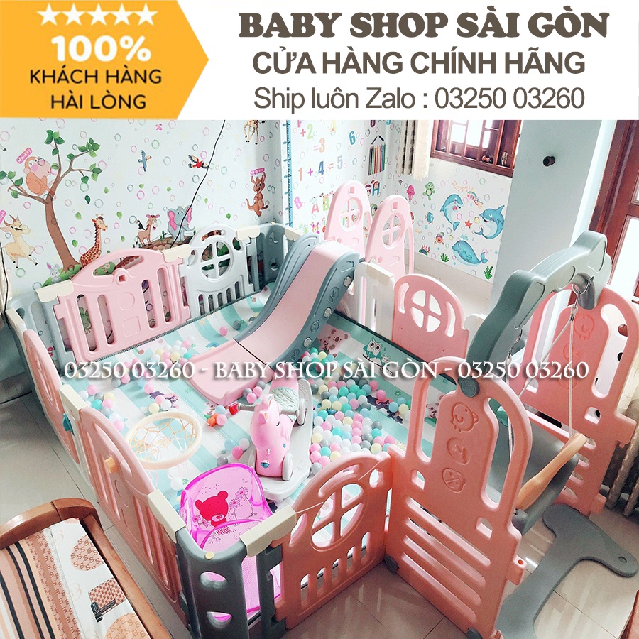 Quây cũi nhựa set FULL cầu trượt, xích đu , ngựa, bóng rổ Hàn Quốc Newber Kitty bo góc 9 chi tiết