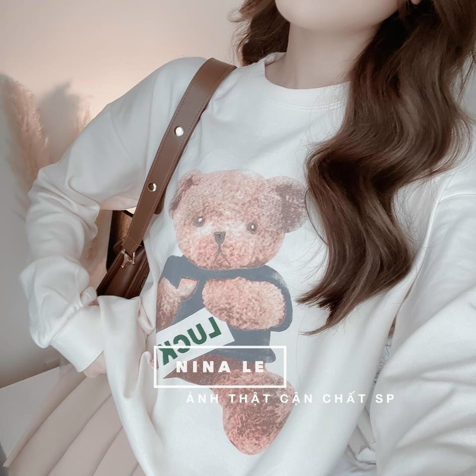Set áo tay dài họa tiết con gấu mix chân váy xếp ly thời trang nữ siêu cute thích hợp với các nàng đi chơi, dự tiệc