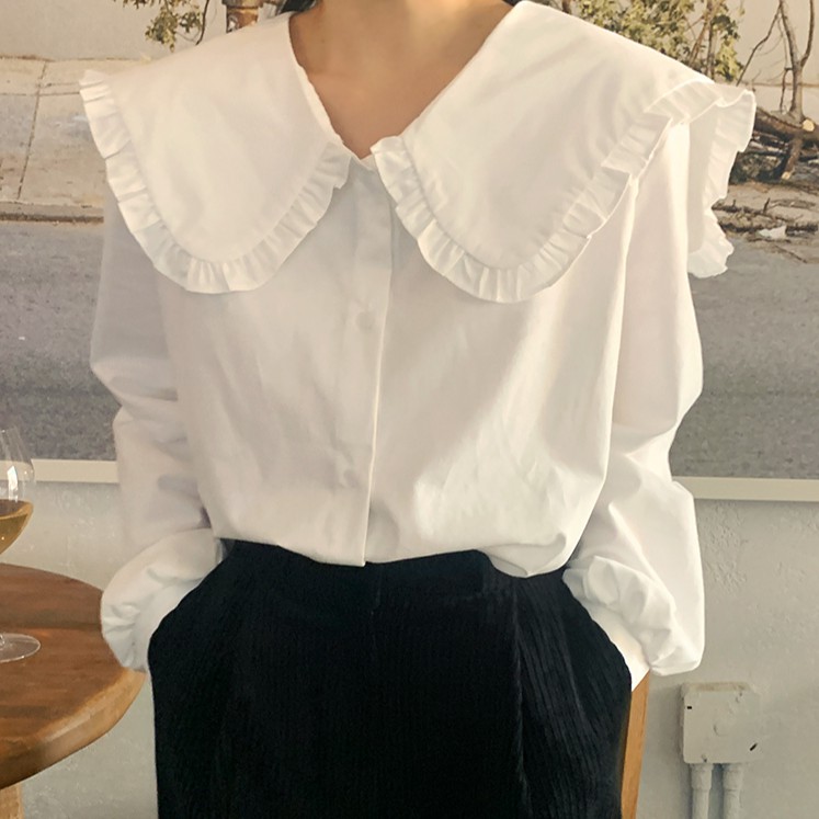 Áo sơ mi cổ búp bê dáng rộng xinh xắn cho nữ 39799