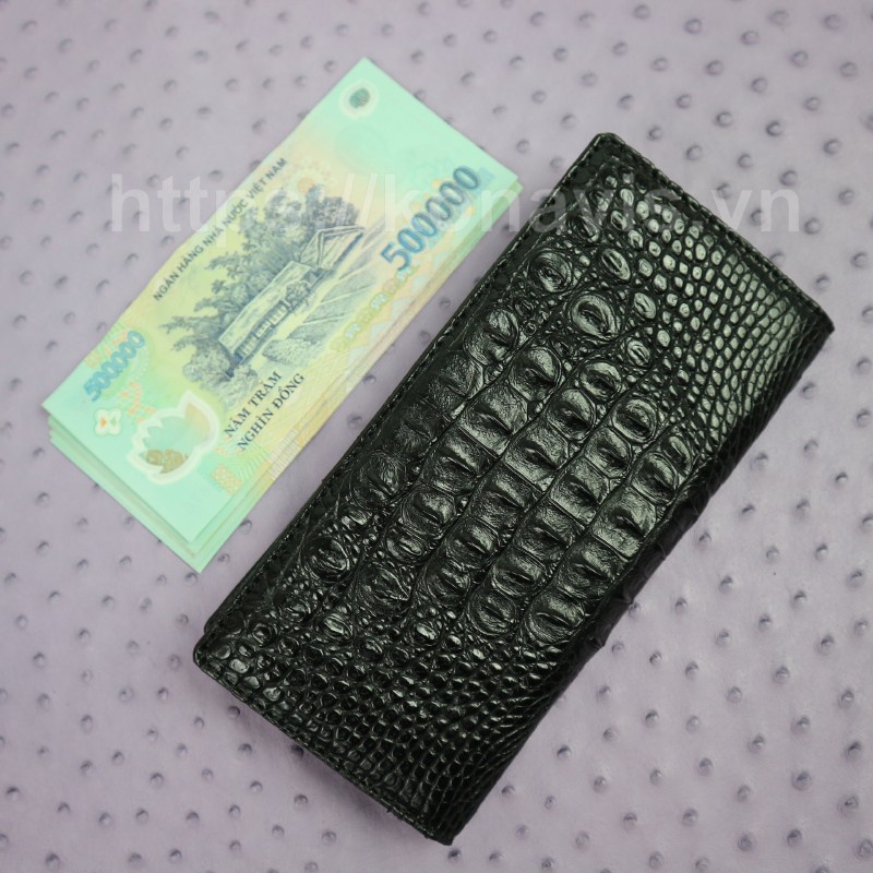 Ví nữ dài da cá sấu Konavis cao cấp màu đen làm từ phần lưng cá sấu nguyên con - CW10-01L