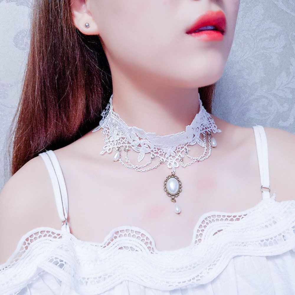 Vòng cổ choker phối ren đính ngọc trai thời trang cổ điển cho nữ