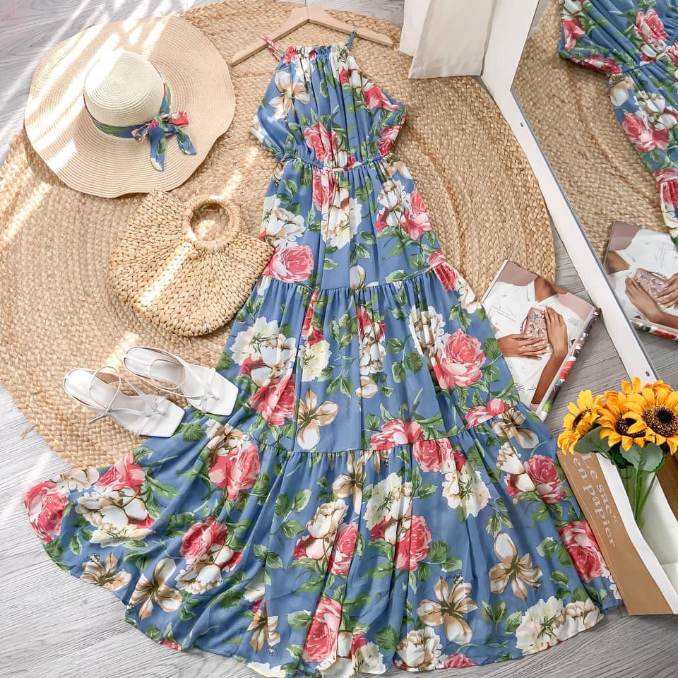 Maxi 2 dây yếm hoa xếp tầng phối eo bo chun siêu sang nun nha | BigBuy360 - bigbuy360.vn