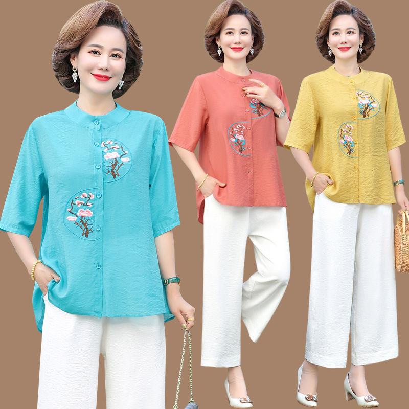 Áo Sơ Mi Tay Ngắn Thêu Họa Tiết Thời Trang Cho Phụ Nữ Trung Niên 40-50 Tuổi