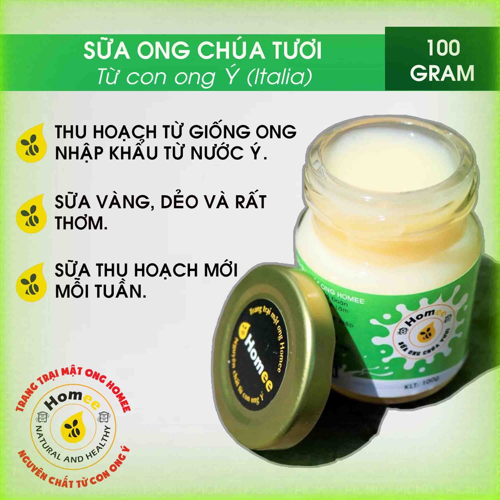 Sữa ong chúa tươi thu hoạch từ con ong Ý (Italia) 100g HOMEE - Sữa thu hoạch mới hàng tháng.