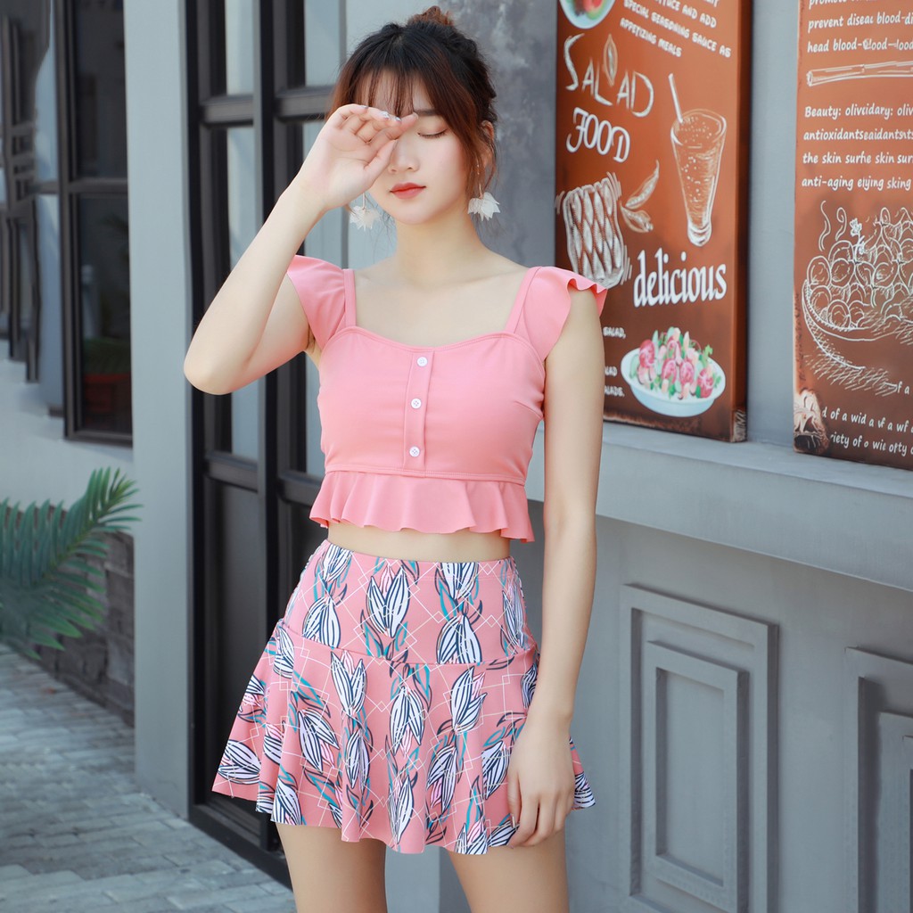 Bộ Đồ Bơi Nữ 2 Mảnh Áo Croptop Chân Váy Cạp Cao Kèm Quần Mặc Trong