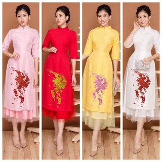 Có size 3XL Set Áo Dài Cách Tân cổ trụ thêu họa tiết công kèm chân váy lưới