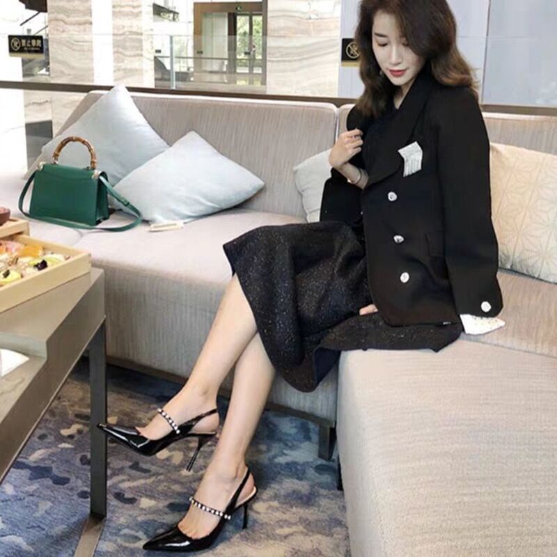 Giày Cao Gót Da Bóng Mũi Nhọn Đính Đá Thời Trang Xuân Hè 2022 Cho Nữ Lưng