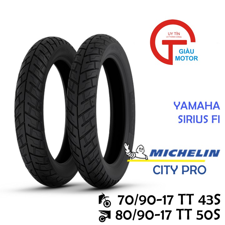 Cặp vỏ xe Yamaha Sirius FI hãng Michelin size 70/90-17 và 80/90-17 gai CITY PRO dùng ruột