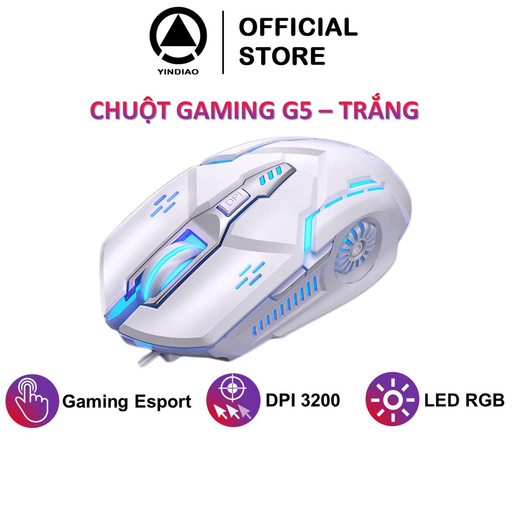 Chuột máy tính gaming YINDIAO G5 màu trắng có dây thiết kế công thái học đèn led RGB phù hợp chơi game ESPORTS giá rẻ