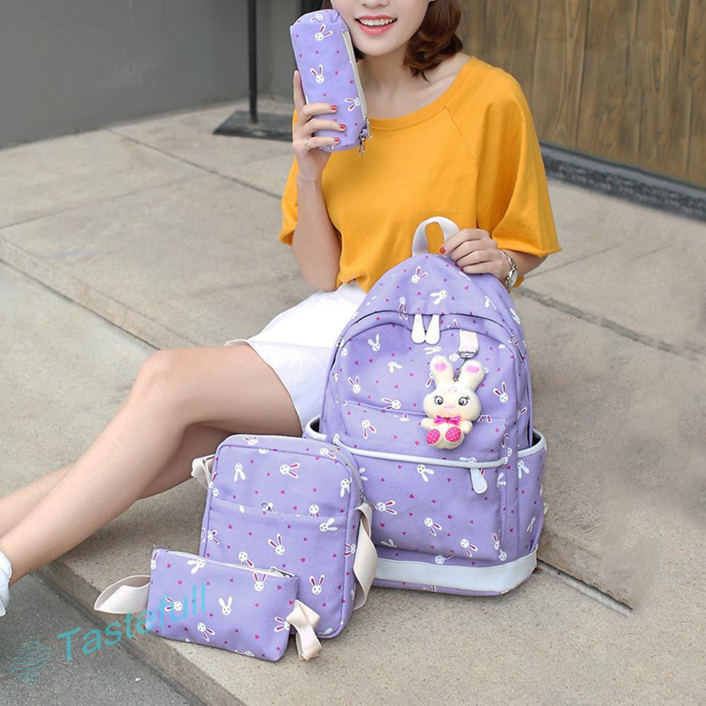 TT 4pcs Women Canvas Printed Backpack Crossbody Bag Clutch Bag Pen Bag