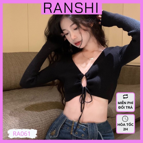 Áo Croptop Tay Dài RANSHI Áo Dài Tay Khoen Ngực Cổ Chữ V Vải Thun Mềm Mịn Thấm Hút Mồ Hôi - RA061