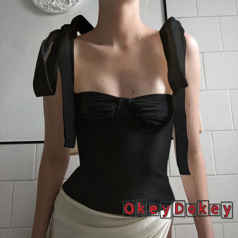 Áo Croptop Không Tay Hở Lưng Ôm Dáng Phối Dây Cột Nơ Gợi Cảm Cho Nữ
