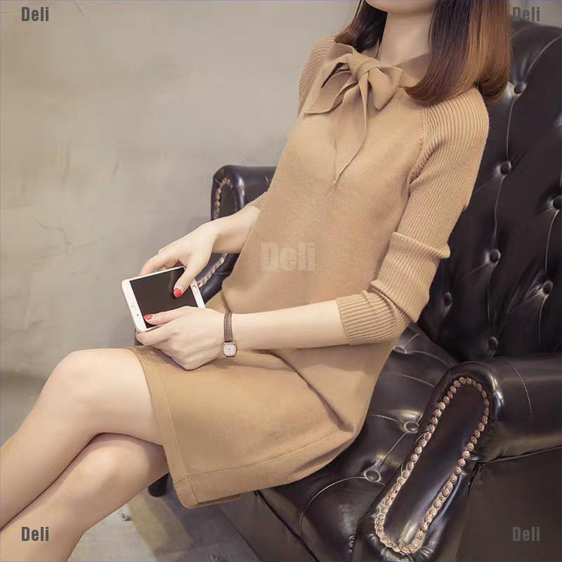Đầm len gân cổ thắt nơ
