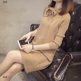 Đầm len gân cổ thắt nơ