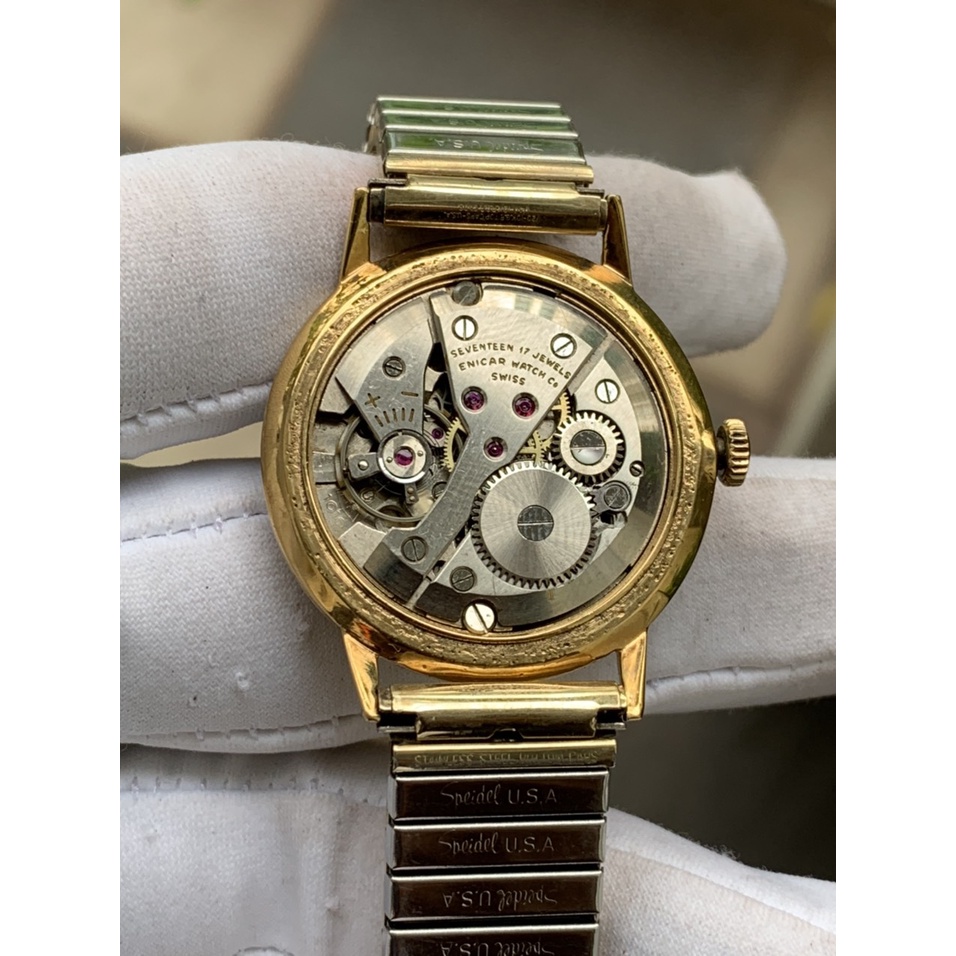 Đồng hồ nam ENICAR cơ lên cót 17 jewles, lắc kê vàng, dây chun tay của Thụy