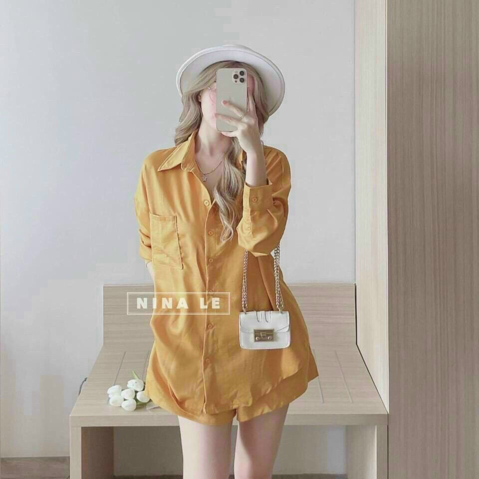 Set đồ nữ sang chảnh đi chơi, bộ đồ nữ dễ thương với quần short ngắn cá tính kèm áo sơ mi form rộng tay dài