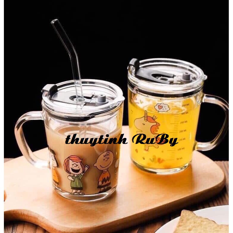 Bộ 2 Ly Quai Thủy Tinh Có Lỗ Ống Hút Uống Sữa 370ml, Ca Uống Nước Có Chia Vạch Đo